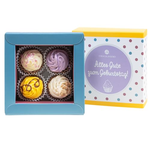 CHOCOLISSIMO - Schokolade Geschenk Geburtstag - Pralinen Geschenk - mit Alkohol - 4 handgemachte Cupcakes Pralinen - Kleines Geschenk für Frauen, Männer, Papa, Mama, Partner, beste Freundin