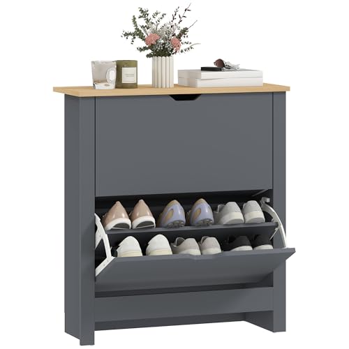 HOMCOM Narrow Shoe Cabinet, Space Saving Shoe Storage Cabinet with 2 Flip Drawers and Adjustable Shelves for 6-12 Pairs of Shoes for Hallways and Living Room, Charcoal Grey