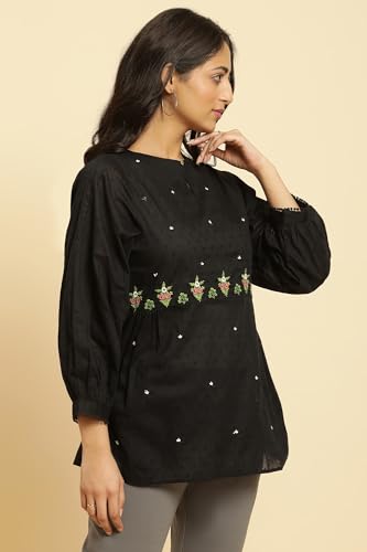 Image of W for Woman Black Floral Embroidered Western Top