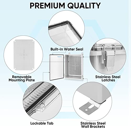 TICONN Waterproof Electrical Junction Box IP67 ABS Plastic Enclosure with Hinged Cover with Mounting Plate, Wall Brackets, Cable Glands (Clear, 13.8"x9.8"x5.9")