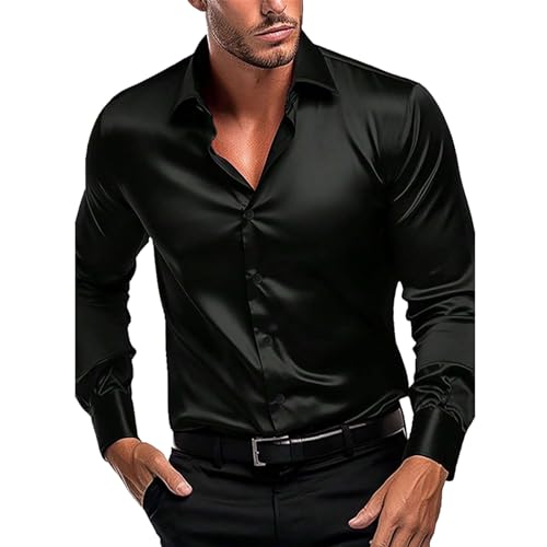Chemises habillées pour homme extensibles unies en soie, coupe ajustée, manches longues, chemise décontractée d’affaires, chemise formelle à boutons, sans plis,...