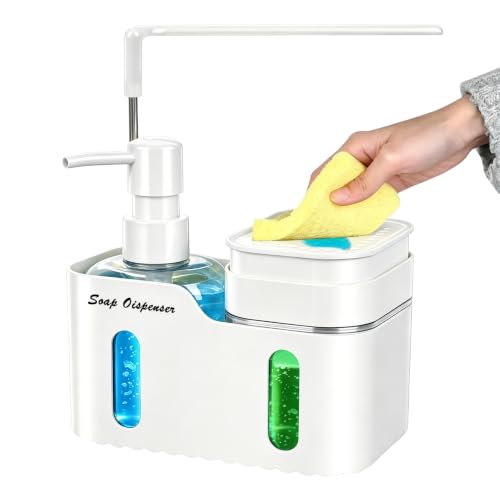 Image of HEEYCEM Hand Soap and Dish Soap Dispenser Set for Kitchen, Dual Soap Dispenser with Sponge Holderand Dishcloth Holder 4-in-1 Organizer for Kitchen Sink Countertop, Useful Kitchen Gadgets (White)