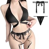 [OLYOLY] 3点セット 過激 セクシー コスプレ ビキニ 紐パン Tバックショーツ ブラジリアン ガーターベルト ランジェリー 透け 下着 水着 マイクロビキニ レディース (03 黒3点セット)