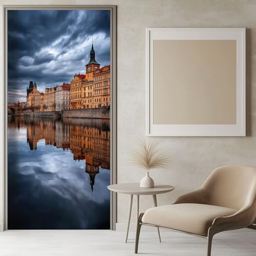 Poster Porta Adesivi per Porte in PVC Paesaggio Urbano Praga, Carta da Parati Sticker Autoadesiva Poster Fotografico 95x215 cm - Moda Fotomurali Soggiorno Grigio