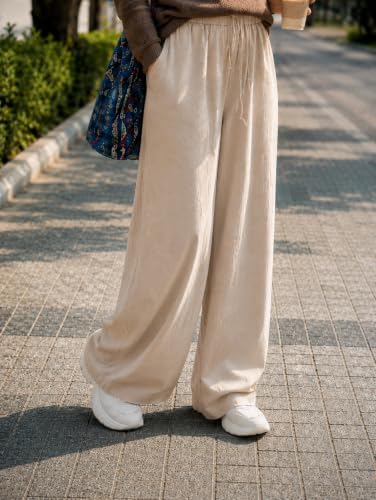 Image of CHICSTIT Women Cotton Wide Leg Trousers | Elastic Waist High Rise Palazzo Pants | Loose Fit /Straight Fit Casual Lounge Pants with Pockets