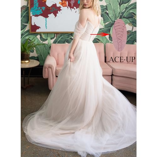 WIOJEIGO Women's Long A-Line Wedding Prom Dress for Bride 2023 Tulle Off Shoulder with Train Bridal Gowns2