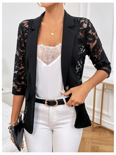 GORGLITTER Women's Lace 3/4 Sleeve Blazer Dressy Casual Trendy Fall Fitted Button Front Business Work Blazer Jacket 20254