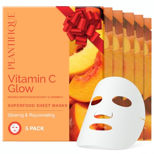 PLANTIFIQUE Maschera Viso in Tessuto Vitamin C Glow 5 Pezzi – Maschere Viso Ringiovanenti e Illuminanti con Pesca e Vitamina C – Cura della Pelle Coreana per Pelli Spente