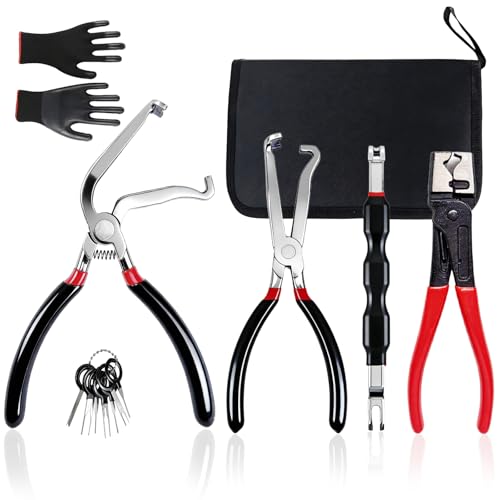 Newmkr 7PCS Electrical Disconnect Pliers for Cars 60° Connector Pliers & Safety Wire Tool,Spark Plug Clip Remover,Automotive Hose Clamp Tools & Connector Separator with Gloves