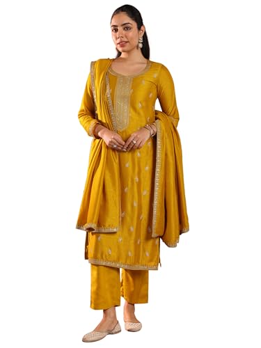 Image of Libas Embroidered Silk Blend Straight Kurta With Trouser and Dupatta