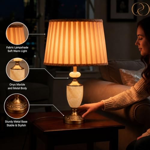 Image of ELARE Antique Brass Table Lamp for Bedroom with Pleated Fabric Shade & Marble Base | Luxury Bedside Night Table Lamps for Bedroom & Living Room | Vintage Decorative Table Light for Home Decor