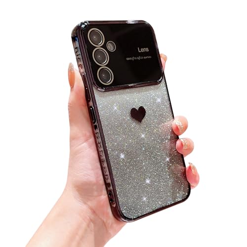 phylla for Samsung Galaxy S23 FE 5g Phone Case with Gradient Glitter Cute Heart Full Camera Lens Protector,Luxury Plating Slim Clear Case with Side Pattern Soft Shockproof Protective Bumper (Black) -  PH1132