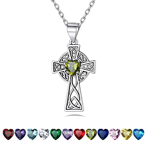 Bestyle Silver Celtic Cross Necklace with 12 Month Heart Birthstone, Dainty Celtic Birthstone Necklace Silver Chain for Women Faith Irish Amulet Lucky Birthstone Jewelry