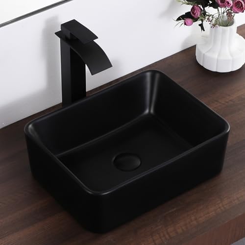 KARAMAG Black Vessel Sink Rectangle 16x12 Bathroom Sink Rectangular Modern Above Counter 16 Inch Small Bathroom Sinks Matte Black Porcelain Ceramic Vessel Vanity Sink Art Basin