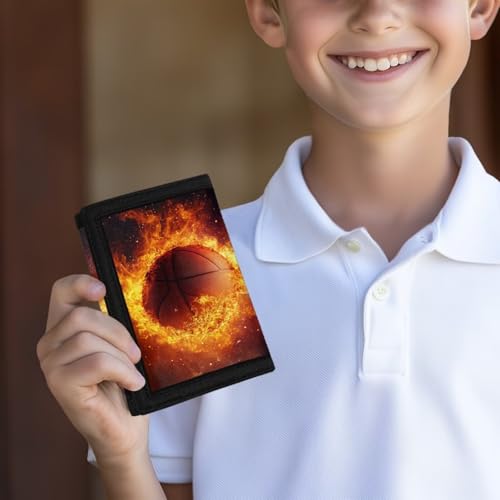 Basketball Kids Wallet for Boys Ages 5-7 Trifold Novelty Flame Leather Wallet for Teen Boys Cool Kids Wallets Lightweight Purse for Cash and Coin4
