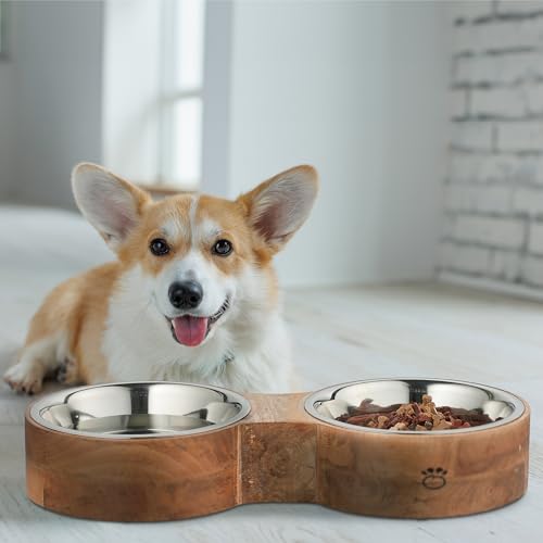 Relaxdays Hundenapfbar, für Hunde, 2 Edelstahlnäpfe, je 2,2l Volumen, HxBxT: 8 x 48 x 22 cm, Futterbar, Natur/Silber