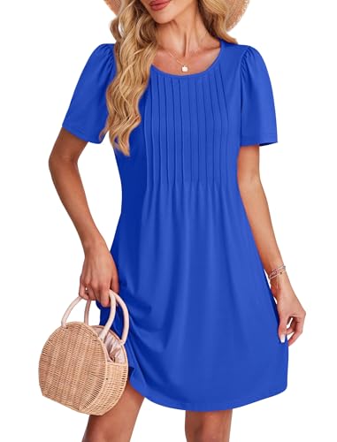 Image of SAMPEEL Womens Pleated Front Summer Dresses Casual Short Sleeve T Shirts Dress with Pockets Vacation Beach Cover UP