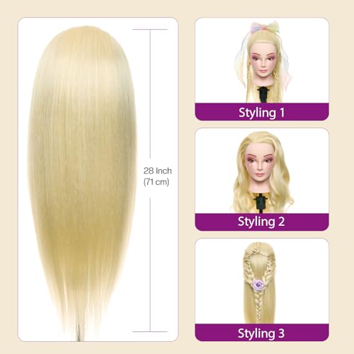 Image of 28 inch Mannequin Head with 80% Real Human Hair for Makeup Practice#613 | Cosmetology Manikin Doll Head for Hair Styling, Hairdressing Training Head for Braiding withTable Clamp Styling Set