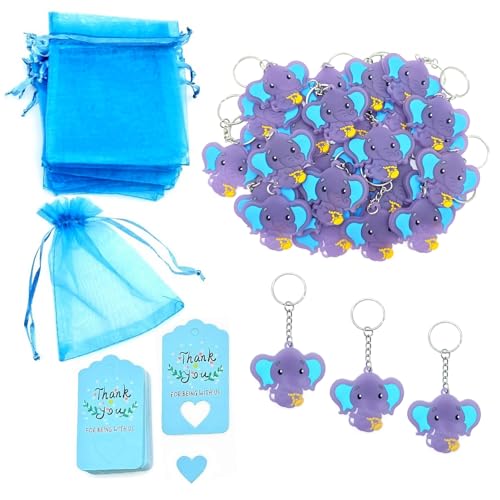 JZK 30x Regalos fiesta bautismo baby shower niño azul, llaveros elefante con bolsas confeti y juego etiquetas regalo, bebé niño 1er cumpleaños recién nacido fiesta bautizo regalo recuerdo
