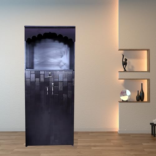 Image of Engineered Wooden Beautiful Temple for Home | Already Assembled Pooja Mandir with Drawer | Corian Design Devghar Pooja Unit (Dark Brown, LxWxH-33x76x182 cm)