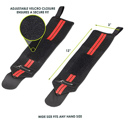 Image of ProsourceFit Pair of Barbell Weight Lifting Wrist Wraps Support with Thumb Loop, Red