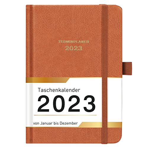 Taschenkalender 2023 - Kalender 2023 A6, Terminplaner 2023 A6 von Januar bis Dezember, Wochenplaner 2023 mit Hardcover, 2 Lesezeichen, Stiftschlaufe, 15.5 x 10.5 cm - Braun Cover