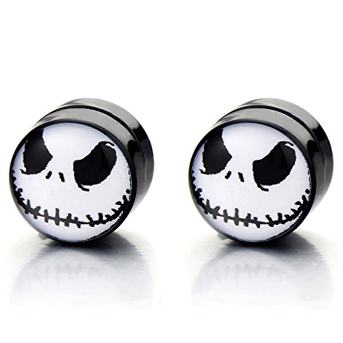 10MM Magnetic Black Circle Alien Stud Earrings for Men Women, Non-Piercing Clip On Fake Ear Plugs Gauges