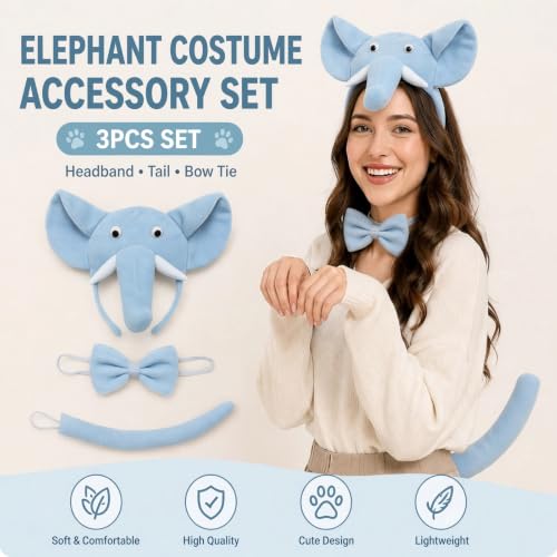 Image of Blue Elephant Headband with Bow and Tail Costume Set, Halloween Animal Ears Costume Dress Up Suit, Cosplay Party Supplies for Adult