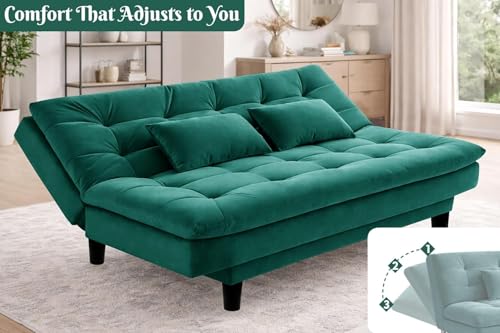 Image of Velvet Three-Seater Apsen Sofa Bed with Tufted Sleeper Couch Sofa with Adjustable Backrest- Living Room Furniture - Green