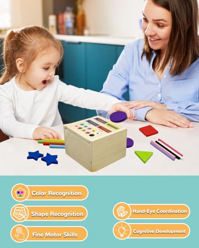 Image of Wooden Sorting Toys Montessori Color & Shape Sorter Preschool Learning Activities Fine Motor Skills Sensory Toys for Toddlers 2-5 Birthday Gifts for Boys and Girls (Colorful-Cube)