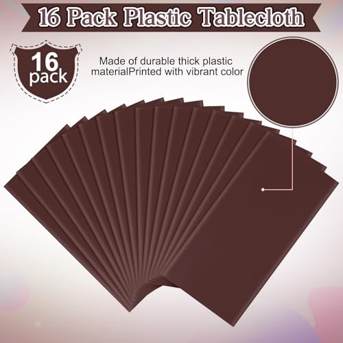 Image of 16 Pack Brown Plastic Tablecloth for Rectangle Tables, Premium Decorative Brown Disposable Table Cloths for Parties, Bulk Rectangle Party Table Cover for Birthday, Wedding, Anniversary, 54 x 108 Inch