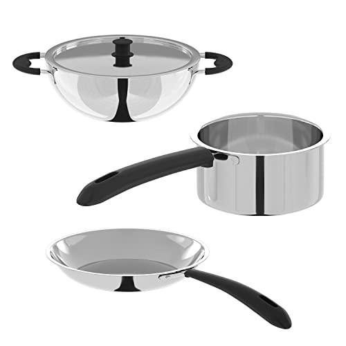 Lifelong 3 pc Cookware | 2 Litre Stainless Steel Kadhai with SS Lid 23 CM| 1.2 Litre Stainless Steel Sauce Pan 16 CM| 1.2 litres Stainless Steel Fry Pan 23 CM| Bakelite Handles (LLSSCK01)