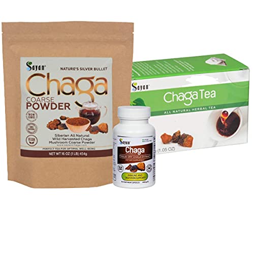 Sayan Chaga Supplements - Raw Chaga Powder (1Lb), Chaga Mushroom Capsules (90 Capsules), Chaga Tea Bags (20 Bags) #TOP25