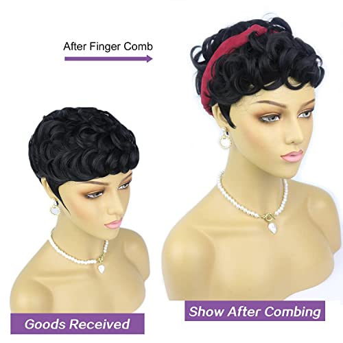 Evasens Short Curly Wigs For Black Women Pixie Cut Wig For Women Short Hair Black Wig With Bangs Synthetic Wigs Pixie Wigs For Black Women (Pluffy Curly) (1B#) #TOP4