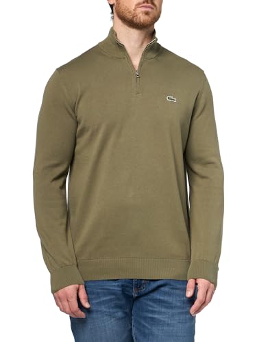 Lacoste Men's Zipped High Neck Cotton Sweater, Olive, Small