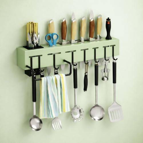 Wall Mounted Kitchen Organizer Rack with Hooks and Towel Bar Storage Shelf for Utensils and Knives (Green)