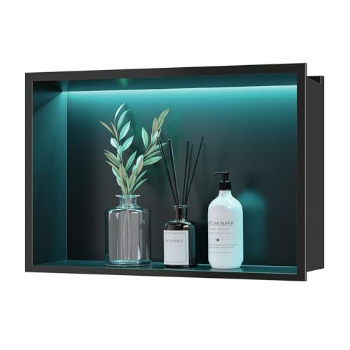 Neohomee Wandnische Dusche Edelstahl mit RGB LED-Licht, Eingebettete Duschnische Schwarz Einzelregal Lagerung mit Fernsteuerung für Badezimmer, 45 x 30 cm