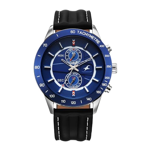 Image of Fastrack Overdrive Quartz Blue Round Dial Men's Watch | Leather Strap Material | Watches for Men Analog - 3332KL02