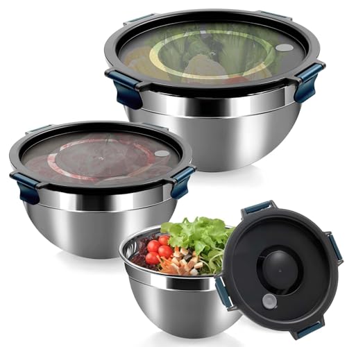 Daily Treasures Mixing Bowls with Airtight Clear Lids Set of 3,Thicker Stainless Steel Mixing Bowl Set,Nesting Bowls for Cooking, Prepping, Baking, Serving & Food Storage, Size 5, 3, 1.5QT by Daily Treasures - Used condition - US$25.76