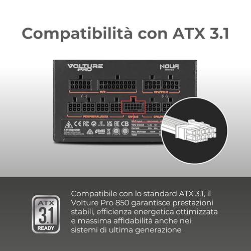 Volture Pro 850W Alimentatore per Pc Gaming Completamente Modulare 850 Watt, 80 Plus Gold, Compatibile ATX 3.1 e PCIe 5.1, Ventola Silenziosa da 120mm, PFC Attivo - Alimentatore - Immagine 4