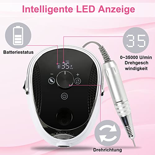 Yakimz Elektrische Nagelfräser für Gelnägel, 35000 U/Min Elektrische Nagelfeile Set, Wiederaufladbare, LED-Anzeige… – Bild 3