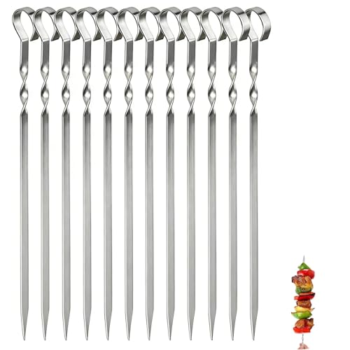 12 PCS BBQ skewers, Stainless Steel Kabob Skewers Set, Wide & Reusable Grilling Sticks for Meat, Shrimp, Chicken & Vegetables, Practical Barbecue Accessories, Durable and Easy-to-Clean