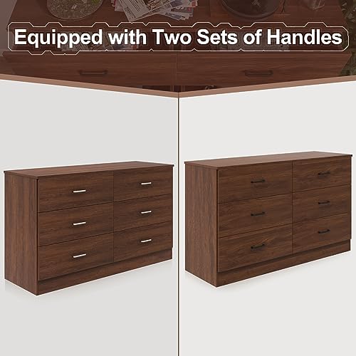 Bigbiglife 6 Drawer Wood Dresser, Wide Chest of Drawers, Bedroom Furniture, Clothes Storage and Organizer, 15.8\" D x 47.2\" W x 27.7\" H, Walnut Brown - Thumbnail 6