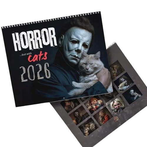 2026 Halloween Horror Movie & Cats Wall Calendar – Spooky Feline Art, 11x8.5 Inch, Spiral Bound – Gift for Horror Fans & Cat Lovers, Year-Round Halloween Decor (1Pcs)