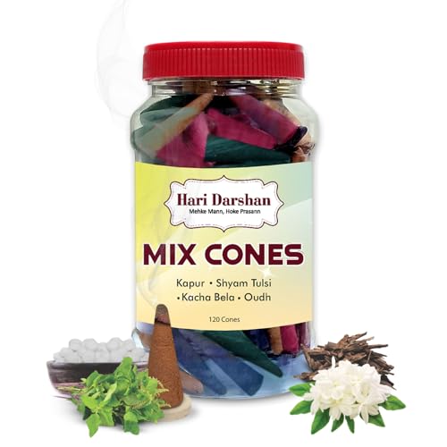 Image of Hari Darshan Mix Dhoop Cones for Pooja with Traditional Chemical-Free - Kapur Shyam Tulsi Kacha Bela Oudh - Long Lasting Natural Aroma Dhoop Cone Set - Pack of 2 Jars, 120 Cones Each (Total 240 Cones)