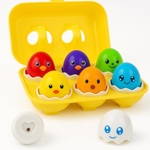 Image of ArtCreativity Matching Eggs Toy for Toddlers 1-3 – Educational Egg Toys with Squeaking Effect – Color Sorting, Teaches Emotions, Shapes & Colors – Fun Learning Toys – Carton of 6 Matching Eggs