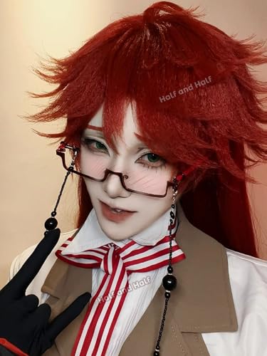 Image of Half and Half Gre-ll Cosplay Wig Long Straight Red Anime Wig with Layered Bangs 35.4'' Deep Red Death Costume Wigs Rose Red Male Women Wig for Halloween Party Costumes