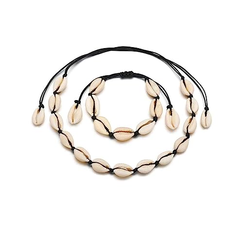 Rrdaily 2Pcs Natural Shell Choker Necklace Bracelet Set for Women,Handmade Adjustable Conch Necklace Bracelet Beach Jewelry Gift