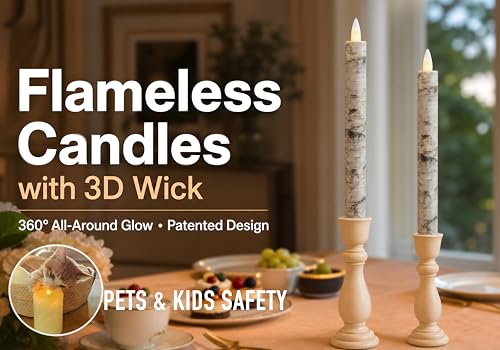 Image of Flameless Taper Candles Flickering with Remote and Timer, 3D Moving Flame Taper Candle Battery Operated to 400 Hours, 9 Inch Window Candles, (Birch Bark)
