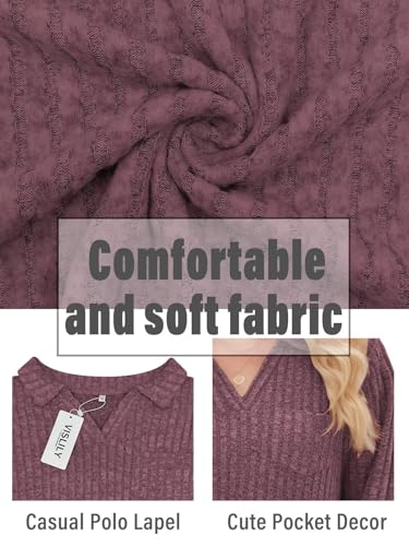 Image of VISLILY Womens-Plus-Size-Tops Collared V Neck Polo Shirts Lightweight Long Sleeve Sweaters Trendy Pocket Decor Tunic Blouses